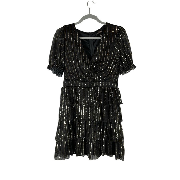 AQUA Black Metallic Stripe Tiered Ruffle Mini Dress Size M - Picture 1 of 10